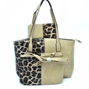 3-in-1 Half Leopard Print Tote with Wallet Set